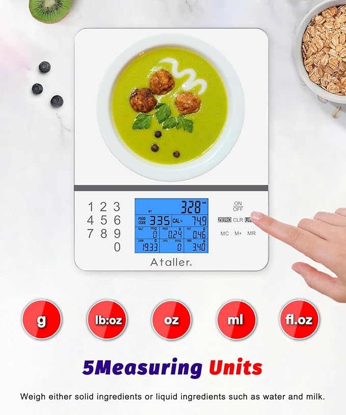 Ataller Food Scale with Nutritional Calculator, Digital Kitchen Scale, Food Scales for Kitchen, Calorie Calculator for Meal Prep, and Weight Loss, Units in Lbs, Grams, Ounces, Batteries Included