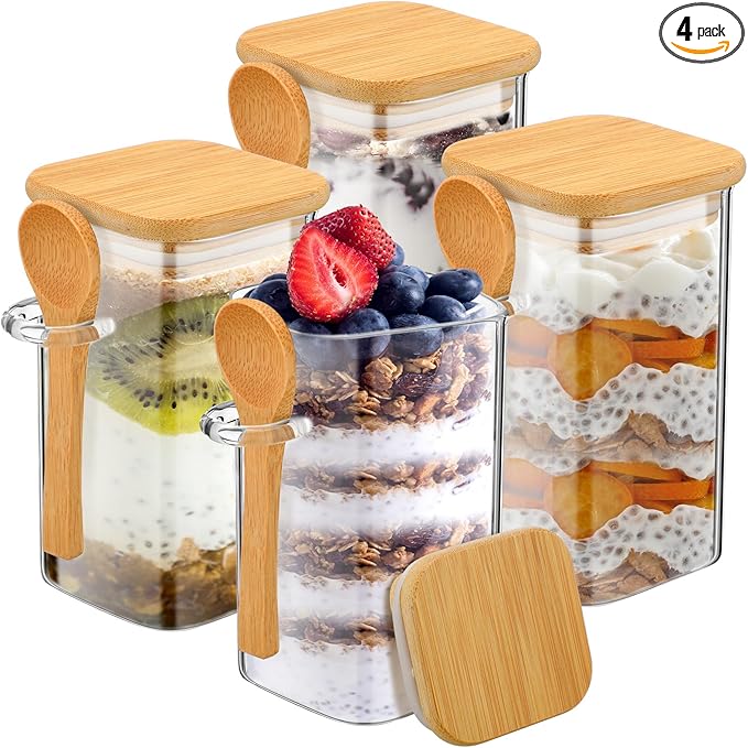 Pickmesh 4 Pcs Overnight Oats Containers with Lids Overnight Oats Jars Oatmeal Cups Square Glass Meal Prep Container with Bamboo Lids and Spoons Glass Jar for Pudding Yogurt (Square Style,16oz)