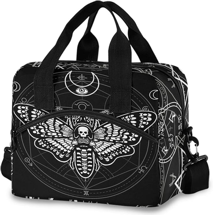 MNSRUU Insulated Lunch Bag - Black Skull Moth Lunch Box with Adjustable Shoulder Strap - Reusable, Leakproof Cooler Bag for Work, School