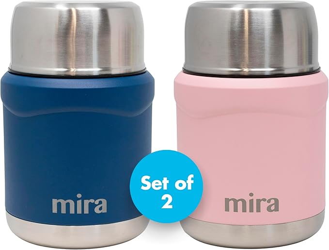 MIRA 2-Pack Food Thermos Set (15 oz) for hot and cold foods - Insulated Stainless Steel Containers with Spoons - Hawaiian Blue & Rose Pink
