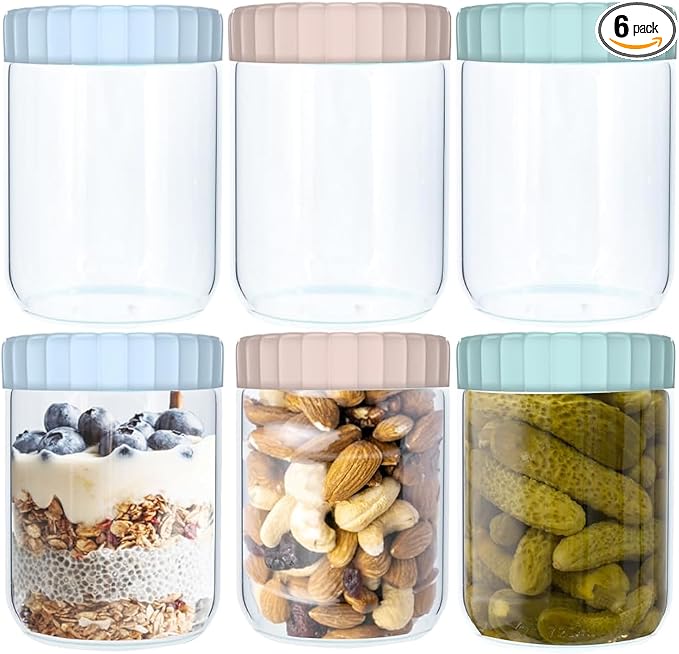 6 Pack 16Oz Glass Jars with Lids, Overnight Oats Containers with Lids, Wide Mouth Mason Jar Reusable Airtight Glass Food Storage Containers for Snacks Salad Yogurt Cereal Meal Prep Leak Proof