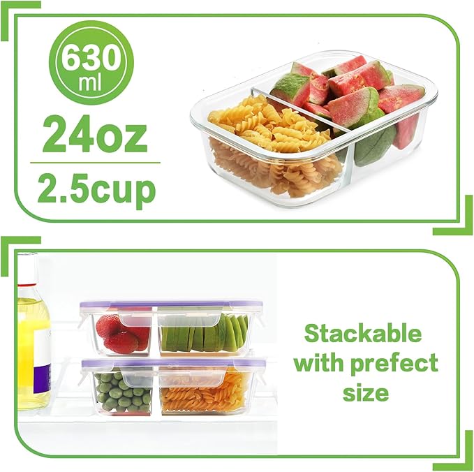 HOMBERKING 10 Pack 24oz Glass Meal Prep Containers 2 Compartment, Food Storage Containers with Lids, Airtight Glass Lunch Bento Boxes, BPA-Free & Leak Proof (10 lids & 10 Containers) - Purple
