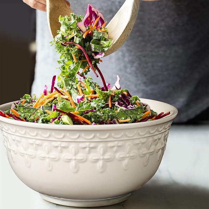 Large Salad Bowls Set of 4, 60oz White Serving Bowls Deep Deep Embossed Ceramic Mixing Bowl for Soup Kitchen, Eating, Ramen, Pasta, Dishwasher & Microwave Safe 8 inch (Cross Floral)