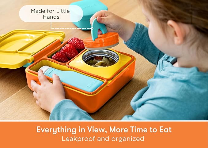 OmieBox Bento Box for Kids - Insulated Bento Lunch Box with Leak Proof Food Jar - 3 Compartments, Two Temperature Zones - (Sunshine)