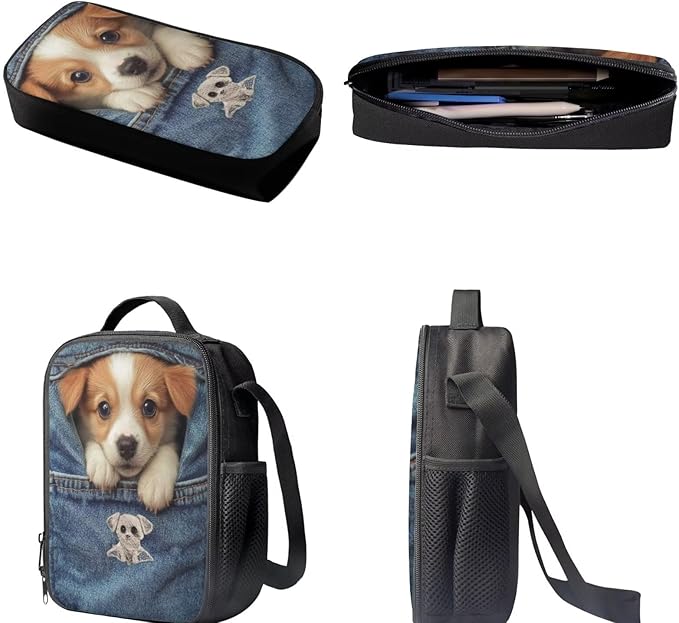Dolyues Pocket Puppy Kawaii Girls 3-in-1 Backpack Kit: 17 Inch Kids Backpack, Insulated Lunch Bag & Animal Pencil Pouch - Multiple Pockets & Adjustable Straps