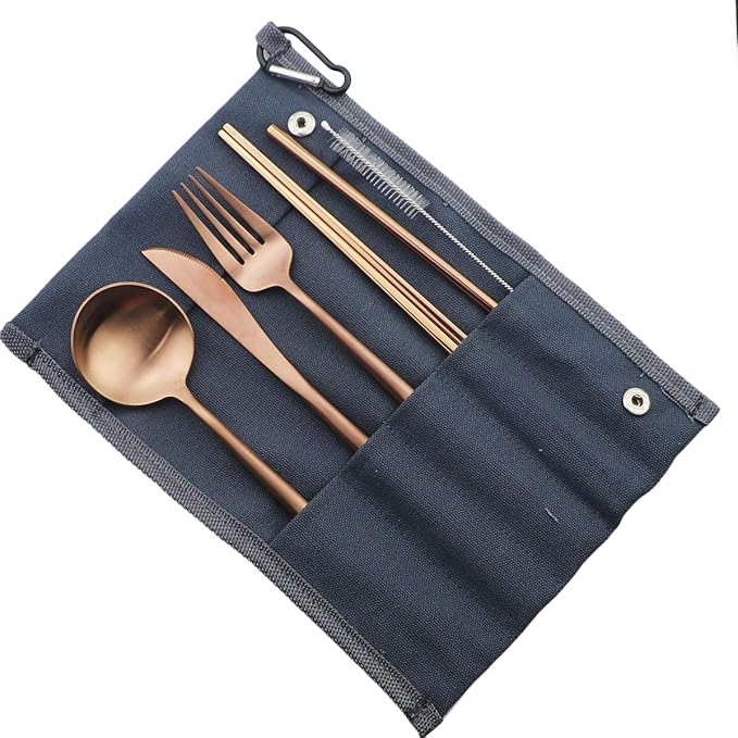 Reusable Travel Utensils, 7 Piece Portable 304 Stainless Steel including Knife Fork Spoon Chopsticks Cleaning Brush Straws Portable Pouch, Eco-friendly Camping Silverware Set, Dishwasher Safe