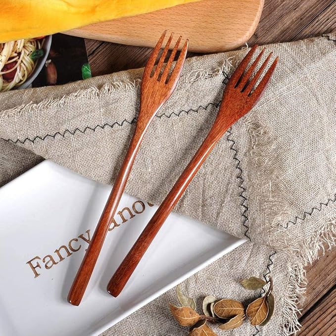 Wooden Spoon Fork Knife Eating Flatware Set Portable Utensil Set with Case, Reusable Wooden Cutlery Travel Utensils Set, 2 Spoons and 2 Forks and 2 Knives