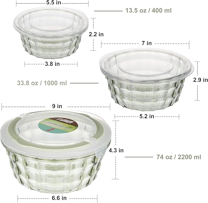 Taiuloo Set of 3 Salad Bowls with Lids, Food Storage Bowls with Lids & Handles, Kitchen Meal Prep Nesting Bowls for Lunch, BPA Free Food Storage Containers, Plastic Salad Serving Bowl Set, Green