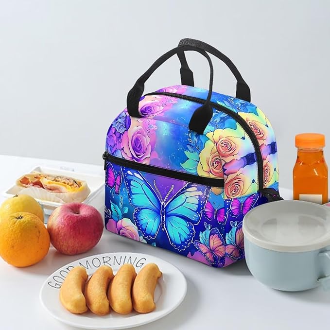 Showudesigns Butterfly Lunch Bag for Teen Girls 12-14 Middle School Lunch Box Insulated Cooler Tote Bag for School Work Office Shopping Lunchbox Food Containers Organizer Purple