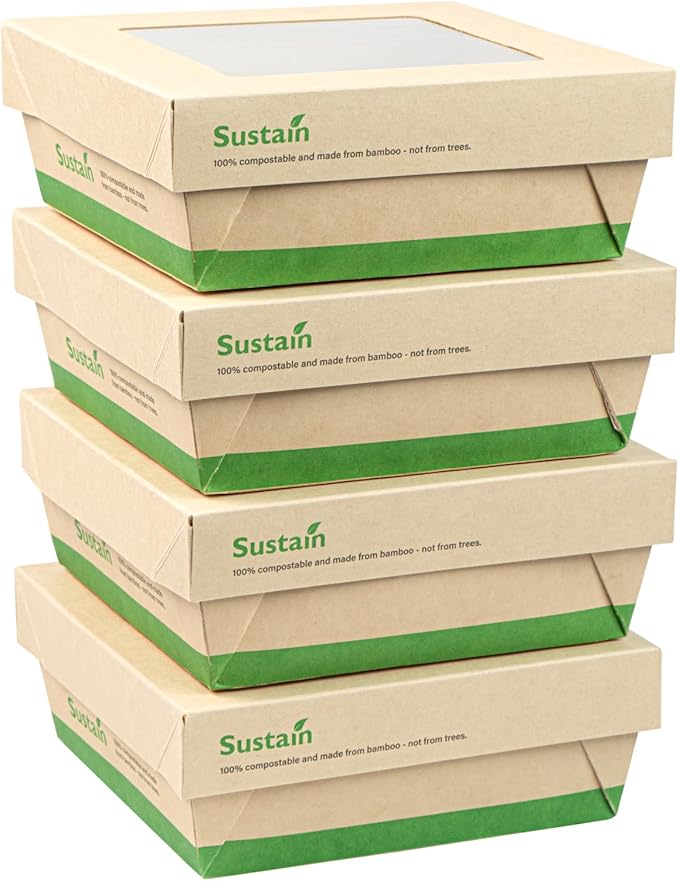 Restaurantware-27 Ounce Sturdy Paper Take Out Boxes, 50 Disposable Take Out Food Containers - With PLA lining, Paper Lid With Clear PLA Window, Bamboo Paper Containers, Compostable, Greaseproof