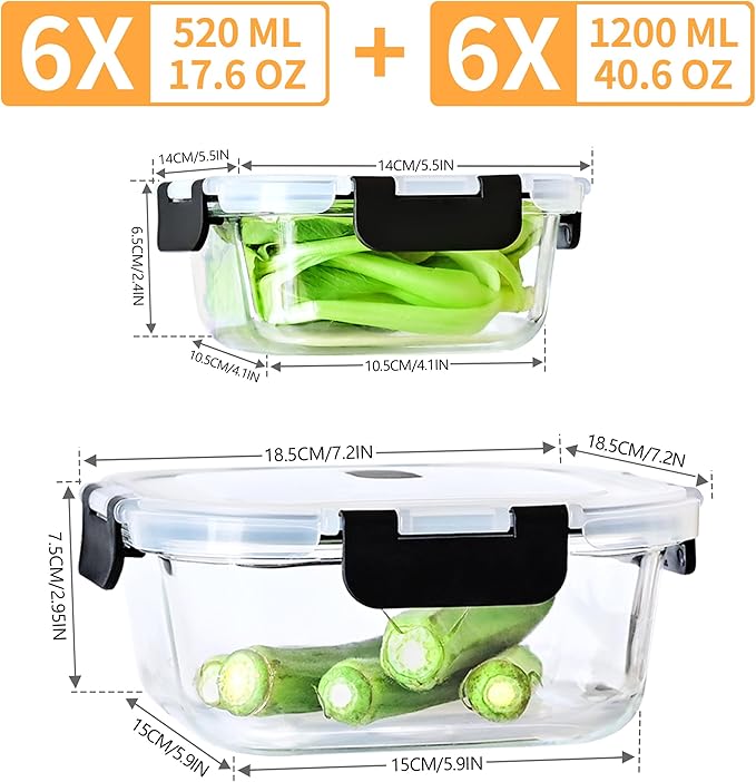 24 Piece (12 Food Storage Containers and 12 Lids),17.6+40.6 OZ Black Glass Storage Containers With Lids,Square Glass Meal Prep Containers,Microwaveable,Meal Preparation,Storage Containers