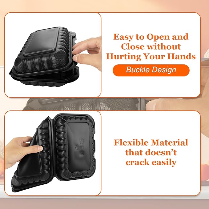 CYEAH 50 Pcs To Go Food Containers, 27 OZ Plastic Clamshell Food Containers, 9 x 6 Inch Black Take Out Food Containers, To Go Box Containers Takeout Food Trays for Meal Prep Takeout Leftovers