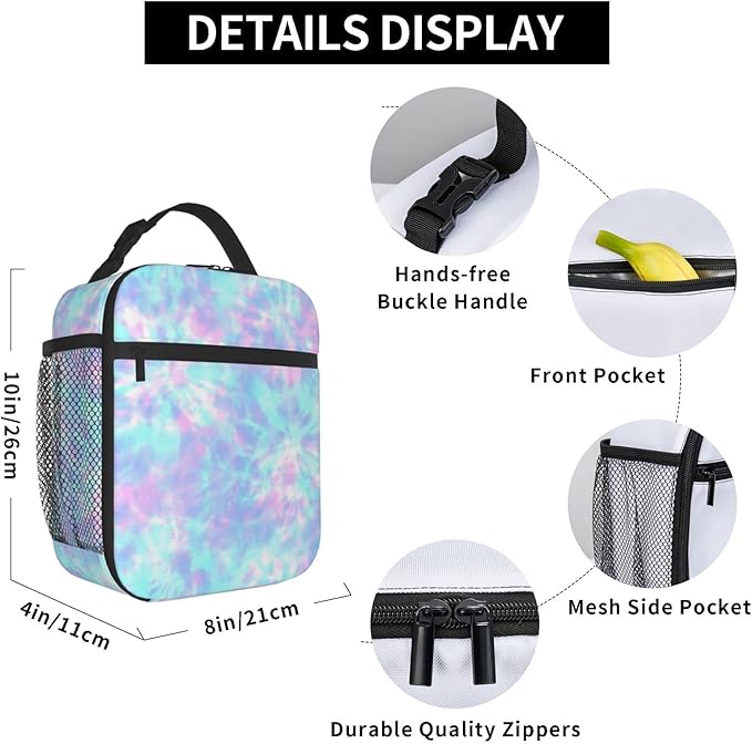 YETTA YANG Pink Tie Dye Purple Colorful Portable Lunch Bag Insulated Lunch Box Reusable Totes For Women Men Work Picnic Camping