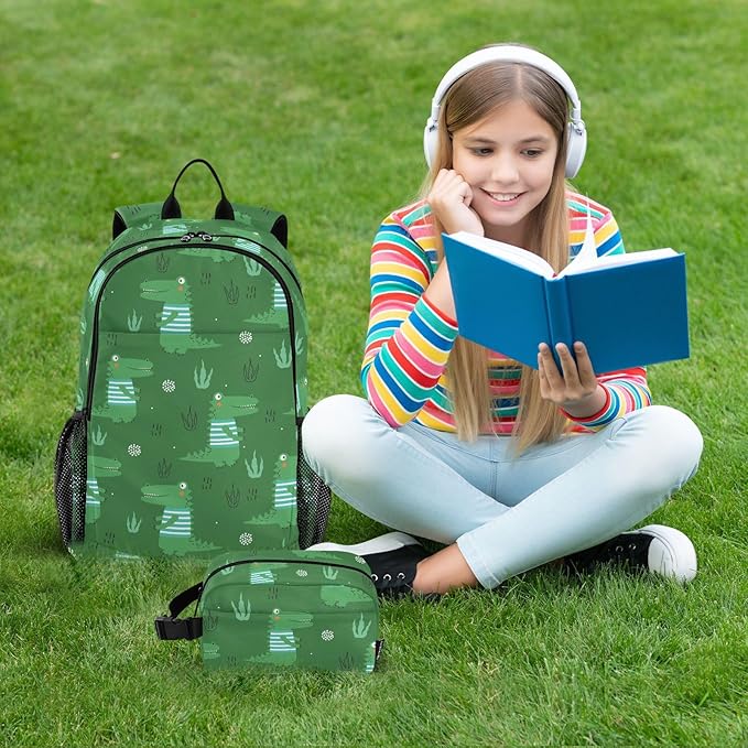 Emelivor Green Crocodiles Leave Kids Backpack for Girls Boys School Bookbag with Insulated Lunch Box for Hight Middle School Teen Girls Backpacks
