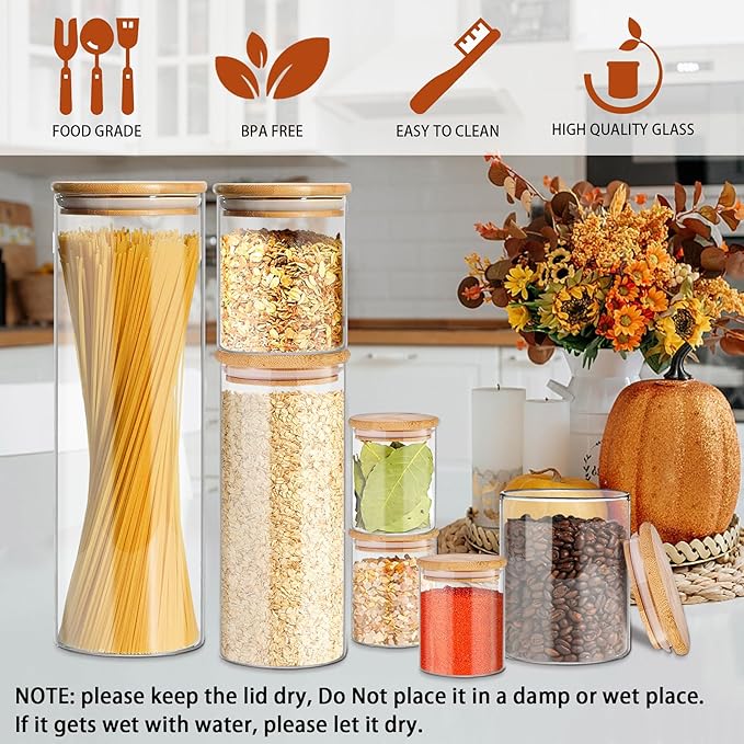 SLifeJars Glass Jars with Bamboo Lids 8pcs Mixed Sizes, Glass Food Storage Jars for Kitchen, Glass Storage Jars with Bamboo Lids, Stackable Food Storage Containers for Herbs, Rice, Pasta, etc.