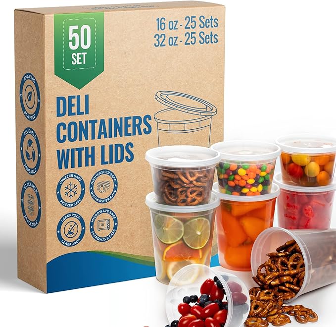 Deli Containers with Airtight Lids 50 Mix Sets (16oz- 25 Set, 32oz 25 Set) Perfect for Slime, Portion Control, Microwavable, Dishwasher, Freezer Safe, Leakproof, Stackable
