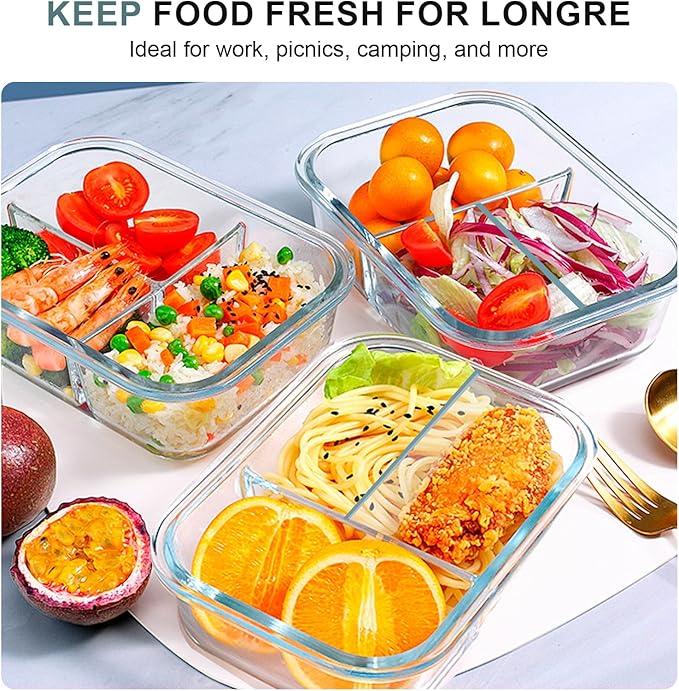 Glass Meal Prep Containers 3 Compartments, 5 Pack 36 oz, Glass Food Storage Containers with Lids, Airtight Lunch Bento Box, Portion Control, Freezer and Microwave Safe