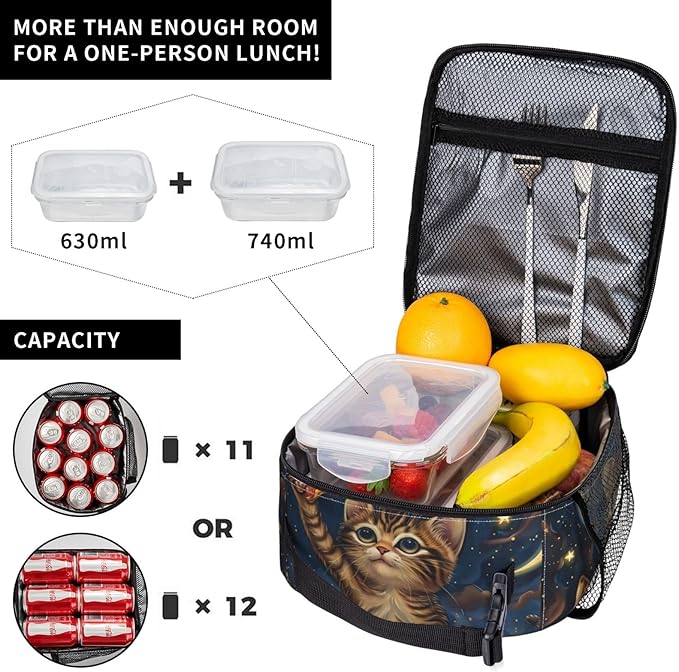 Insulated Lunch Box for Kids Boys Girls, Reusable Lunch Bag for School, Office, Work, Picnic, Travel, Cute Cosmic Cat Pizza Lunch Box