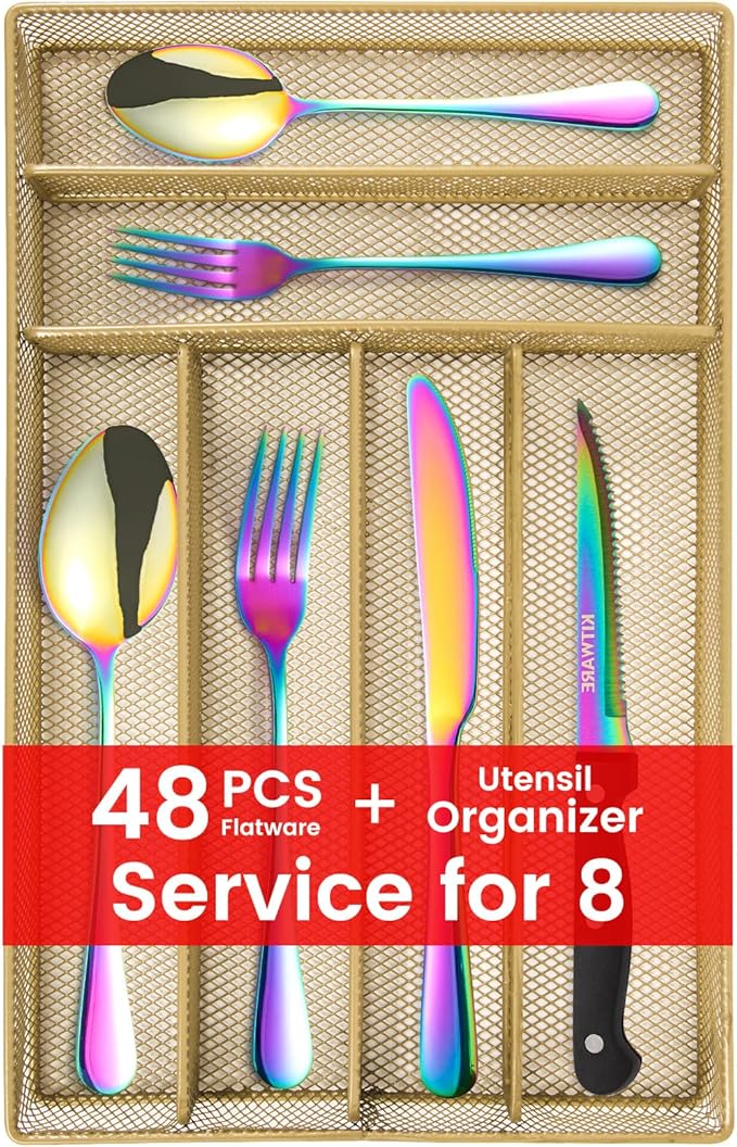 Rainbow Silverware with Organizer, 48 pcs Colorful Flatware for 8, Sleek Cutlery with Tray, Stainless Steel Utensil, Iridescent Fork Spoon Knife for Home & Kitchen Restaurant