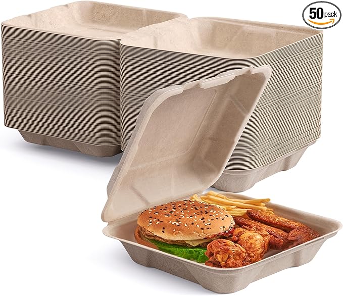 ECOLipak 50 Pack Clamshell To Go Containers, 100% Compostable Disposable Take Out Food Containers, 8X8 inch Heavy-Duty To Go Boxes, Eco-Friendly Biodegradable Take Out Containers For Food