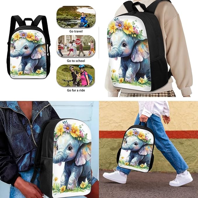 Dolyues Flower Elephant Girls' Backpack Set17-Inch Student Backpack Shoulder Lunch Bag & Glitter Pencil Case for Girls Ages 6-12