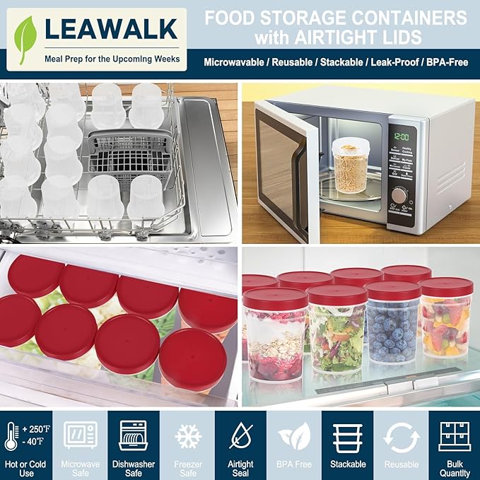 32 oz -12 Pack Reusable Food Freezer Storage Containers with Lids BPA Free, Twist Top Deli Container, Leak Proof, Stackable, Microwave and Dishwasher Safe-Elegant Red