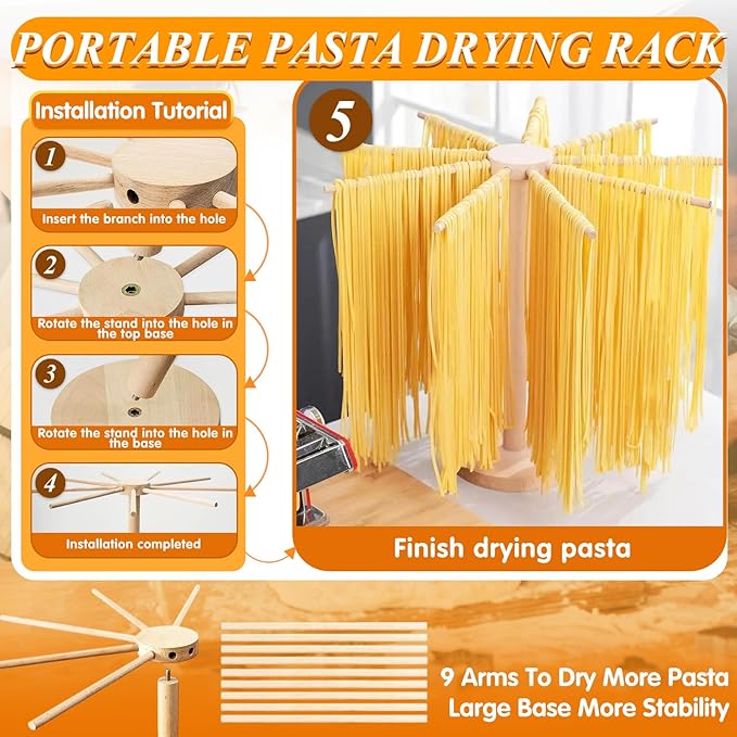 Pasta Making Tools, 9 Piece Wood Pasta Making Kit with 3 Rolling Pins, 1 Pasta Drying Rack, 1 Gnocchi Board, 1 Dough Cutter, 1 Ravioli Cutter, 2 Pasta Stamps, Ravioli Pasta Cutter Set for Pasta Maker