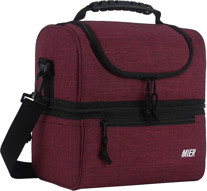 MIER Adult Lunch Box Insulated Lunch Bag Large Cooler Tote Bag for Men, Women, Double Deck Cooler (Dark Red, Large)