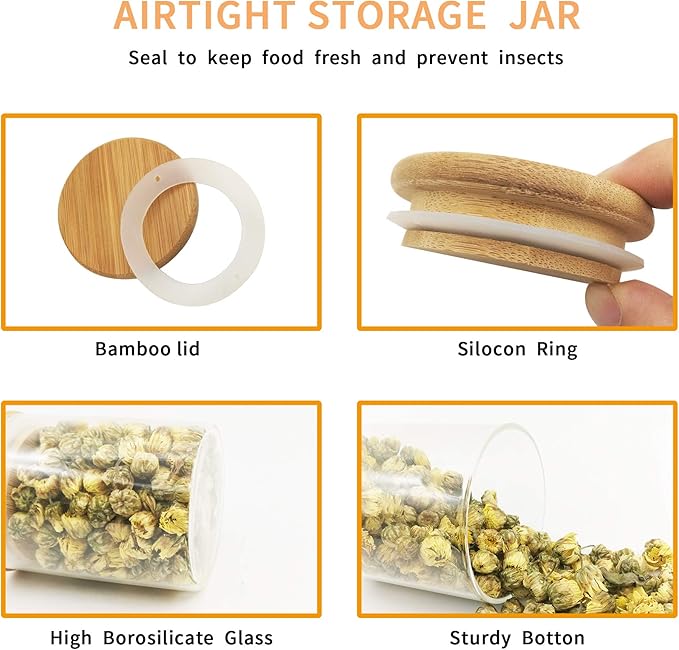 18 pcs Glass jars Set, 12 set - 6oz Spice Jars Set with Bamboo Lids, 6 pcs Small Condiments Wooden Spoons, Airtight Glass Food Cereal Storage Containers for Kitchen (Set of 18, 6oz)
