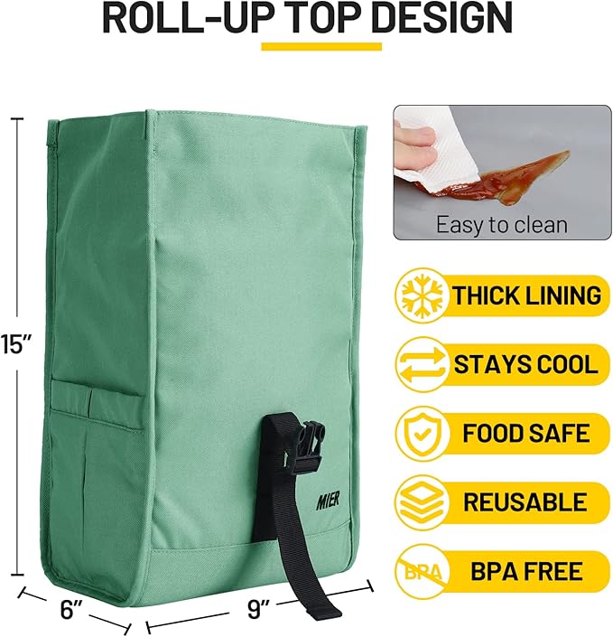 MIER Insulated Lunch Bag Roll Top Lunchbox for Women Men Adults Foldable Rolltop Lunch Tote with Shoulder Strap for Work Office Picnic, Water Bottle Holder, Green