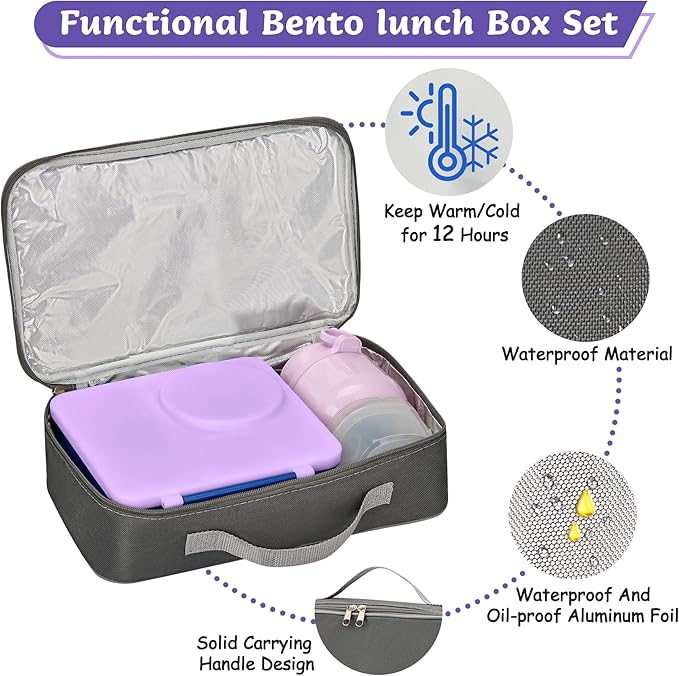 Bento Lunch Box for Kids with 12oz Soup Thermo, Leak-Proof Lunch Containers with 5 Compartments, Insulated Lunch Bag, Thermo Hot Food Jar with Spoon for Kids to School, Travel, Purple