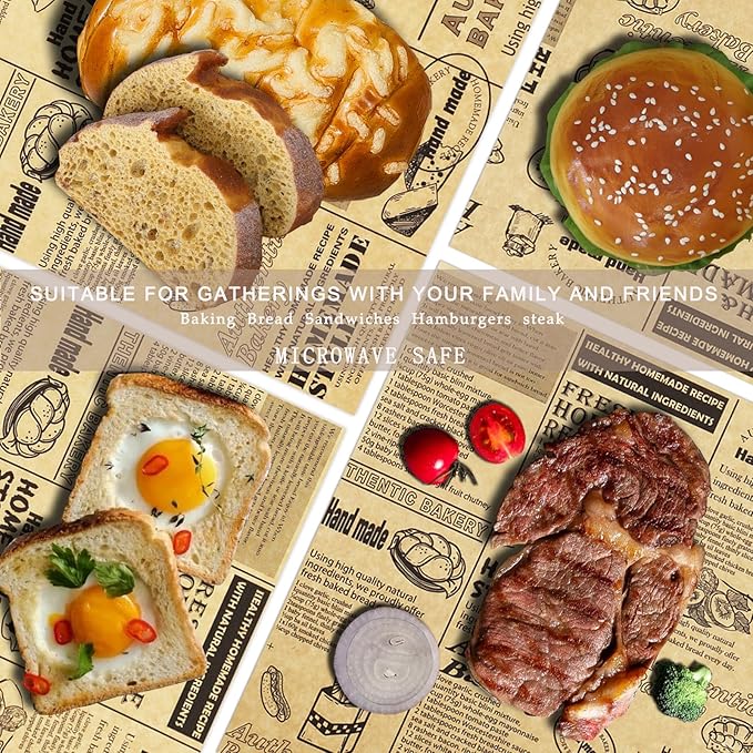 OTOPETE 200Pcs Food Paper Sheets, 12"x12" Grease Resistant Food Wrapper Paper, Newspaper Theme Hamburger Sandwich Basket Liner, Tray Liner, for Home Kitchen Baking, Picnic, Party, Kraft Paper