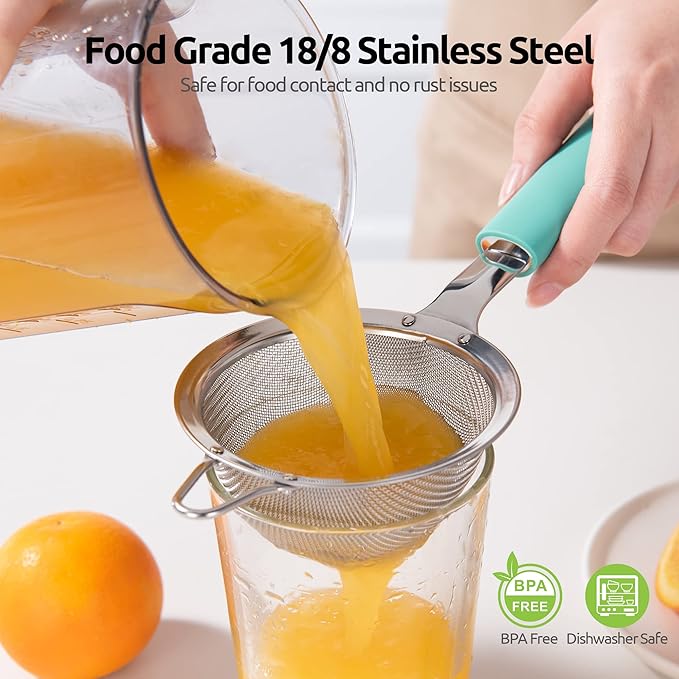 U-Taste 18/8 Stainless Steel 3.9in Small Fine Mesh Strainer with Sturdy Handle and Frame, and 18/8 Stainless Steel Square Measuring Spoons Set of 8 (Aqua Sky+Silver)