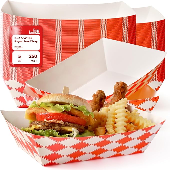 Fit Meal Prep [250 Pack 5 lb Paper Food Trays Heavy Duty Food Paperboard Boat Disposable Red Check Grease Resistant Fast for Parties Fairs Picnics Carnivals, Holds Tacos Nachos Fries