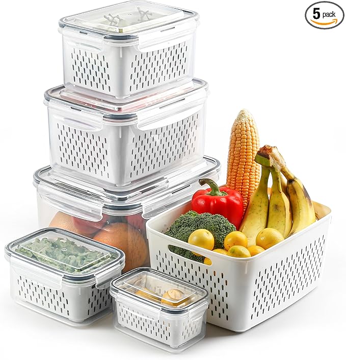 5 PCS Fruit Storage Containers for Fridge with Colanders Dishwasher Safe, Leakproof Fruit and Vegetable Storage BPA-Free Plastic, Produce Storage Keep Berry Fruit Veggie Meat Fresh