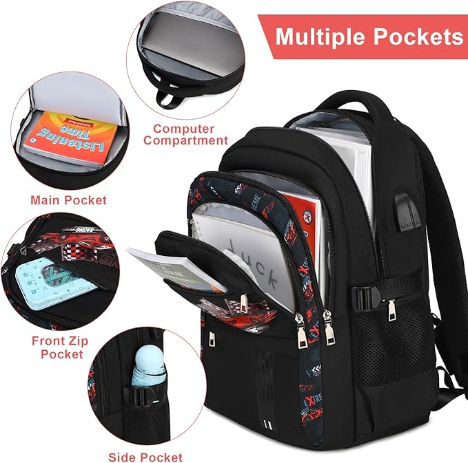Luminous Boys Backpack - Racing Car Bento Box with Insulated Lunch Bag Pencil Case & Utensils Set for Kids, 6 Leakproof Compartments Removable Tray Lunches or Snack Container (Racing Car)