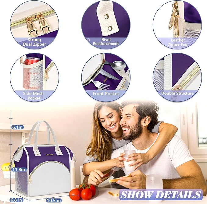 LOKASS Lunch Bag Women Insulated Lunch Box, Wide-Open Lunch Tote Bag Leak-proof Cooler Bag for Work Picnic-(Purple)