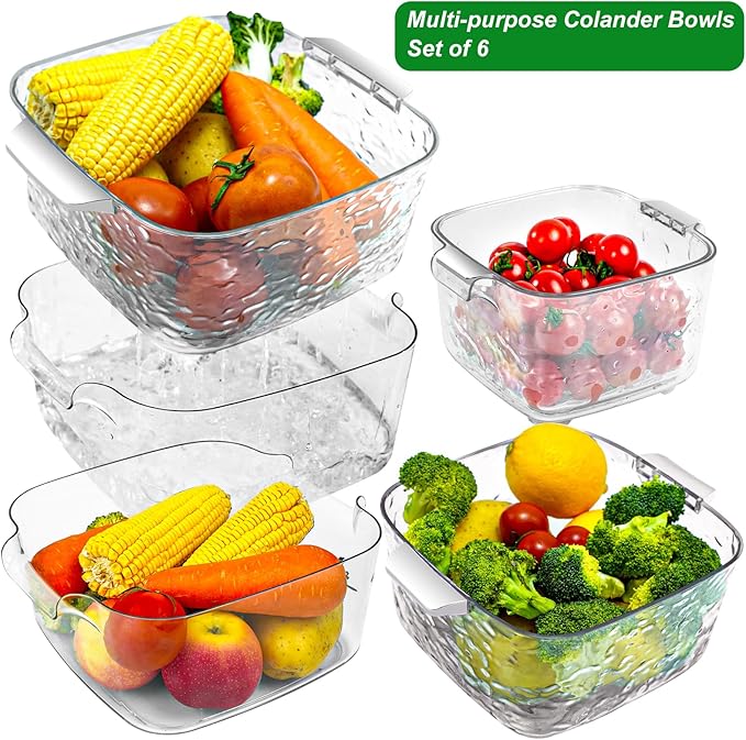 Taiuloo 6-Piece Colander Strainer Bowl Set, BPA-Free Plastic Fruit & Vegetable Washing Basket, Kitchen Colanders & Mixing Bowls for Pasta Berry Salad, 2/3.5/7QT