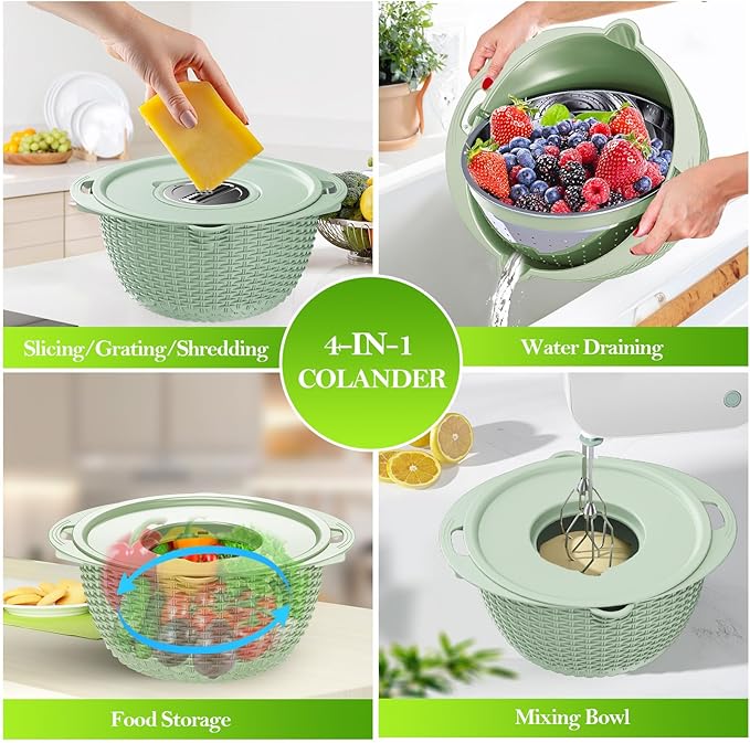 4 in 1 Colander with Bowl Set, Food Strainers and Colanders, Colander for Kitchen, Pasta Strainer, Fruit and Veggie Washer, Fruit Washing Bowl with Strainer, Kitchen Essentials Set, Green