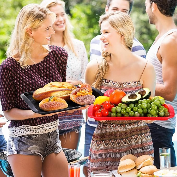 Set of 4 Grill Prep Trays 17x12 Inch 14x10 Inch Large Grill Tray for Cooking Meat Thawing Tray BBQ Serving Plastic Platter, Black Red Stackable Defrosting Grill Prep and Carry System