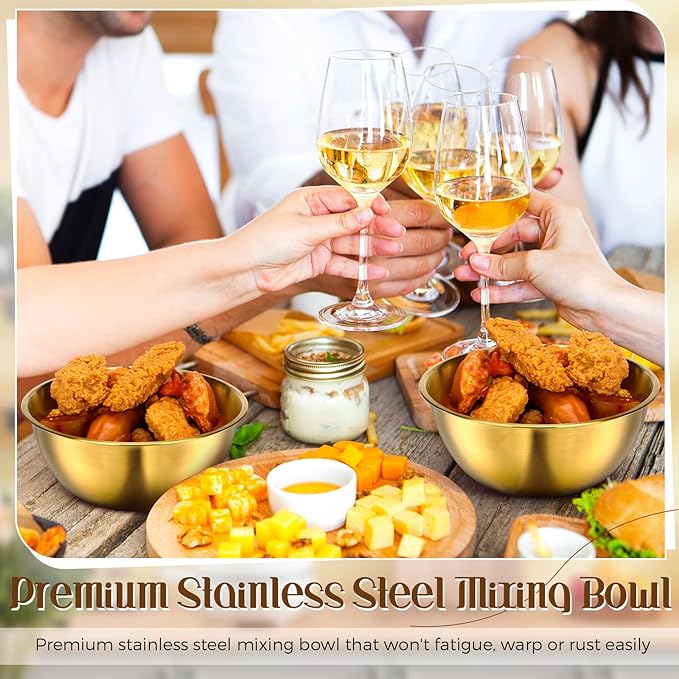 Nuogo 24 Pcs Gold Stainless Steel Mixing Bowls with Airtight Lids 6.7 Inch Gold Esthetician Bowls for Ramadan Serving Facial Salad Fruit Snack Soup Cereal Wedding Party