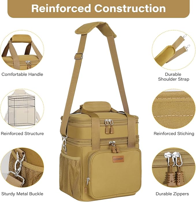 GLENKEY Expandable Large Lunch Box, Insulated Heavy Duty Lunch Bag Waterproof Leakproof Durable Cooler Bag for Men Women Adults Work Construction Camping Trip, 16L, Brown