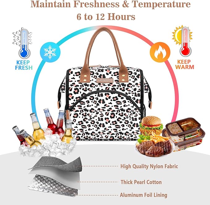 LOKASS Lunch Bag Women Insulated Lunch Box Wide-Open Lunch Tote Bag Large Cooler Bag for Work Picnic Hiking Beach Fishing(Leopard)
