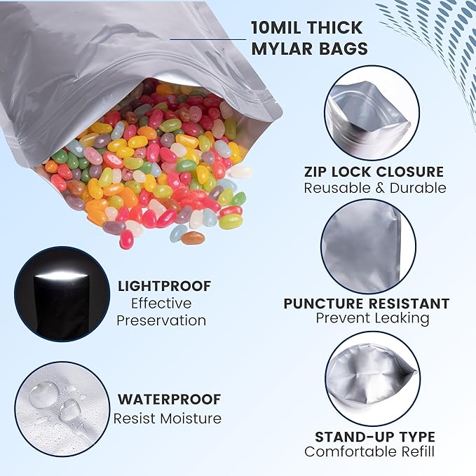 50PCS Quart Mylar Bags For Food Storage - 10Mil Thick 7x10 inch Mylar Bags with Oxygen Absorbers 400cc & Labels, Ziplock Bag for Long Term Storage, Heat & Vacuum Seal Large Kitchen Bag