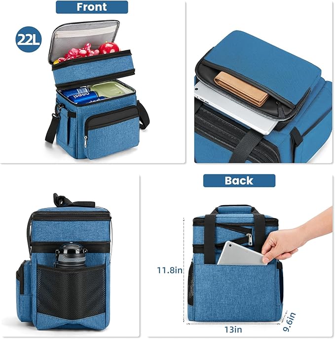 Insulated Lunch Bag & Lunch Box for Men - Double Deck Reusable Lunch Bag for Women Tote Cooler Bag Leakproof Soft Expandable - Extra Large Lunchbox for Work/Adult/Picnic/Outdoor (Blue,22L)
