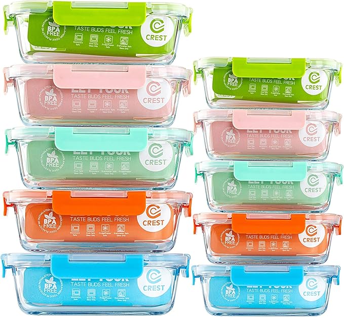 C CREST [10-Pack Glass Food Storage Containers (A Set of Five Colors), Meal Prep Containers with Lids for Kitchen, Home Use - Airtight Glass Lunch Boxes