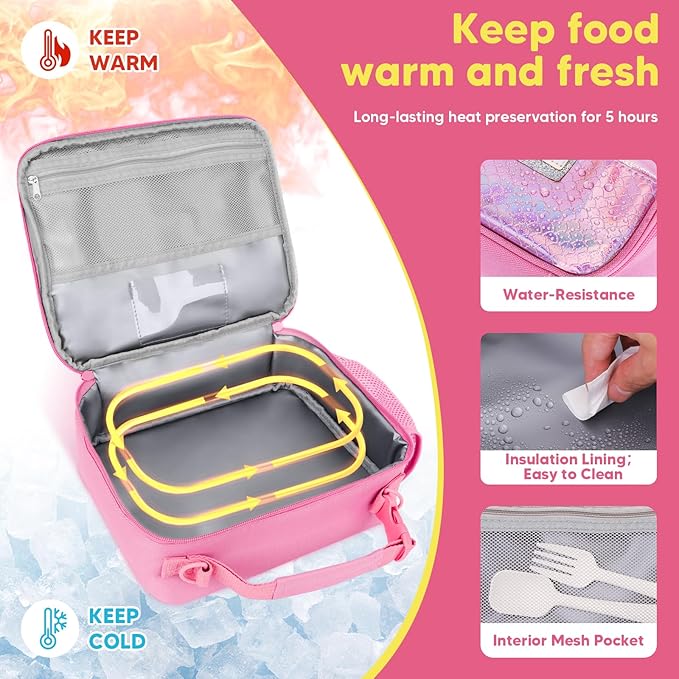 JYPS Bento Box for Kids with Leak-proof Insulated Lunch Bag,BPA Free Kids Lunch Box with 6 Compartment,Salad Container,Utensils,Perfect Lunchbox for Girls and Toddlers Back to School Age 7-15(Pink K)