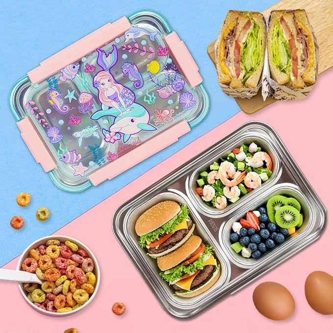 Stainless Steel Bento Lunch Box for Kids, 710ml/23.5oz BPA-Free Leak-Proof Food Containers with 3 Compartments, Back to School Students Daycare Lunches Snack Container Size for Ages 3-7
