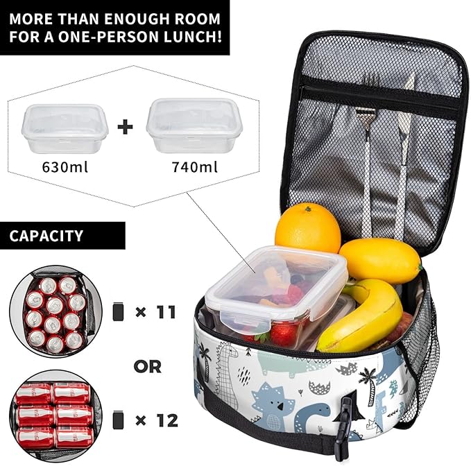YETTA YANG Cute Dino Dinosaur Portable Lunch Bag Insulated Lunch Box Reusable Totes For Women Men Work Picnic Camping