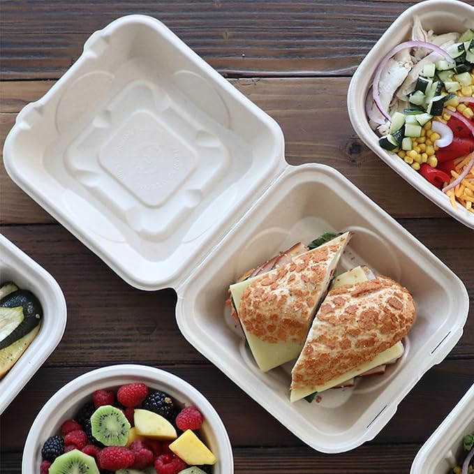 World Centric Compostable Clamshell Containers 8x8x3 - Grease and Moisture Resistant - 100 Pack